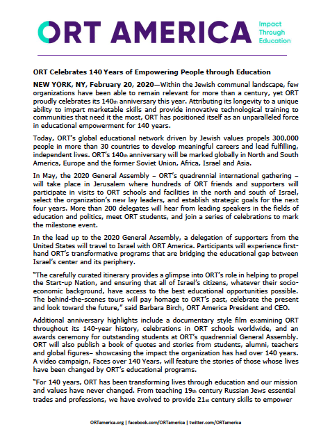 ORT Celebrates 140 Years of Empowering People through Education